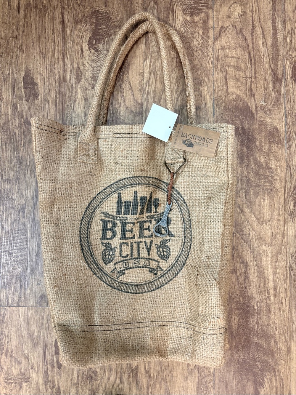 Backroads Textiles Beer City USA Burlap Bag Jute Blue stripe Inside Bottle Opene